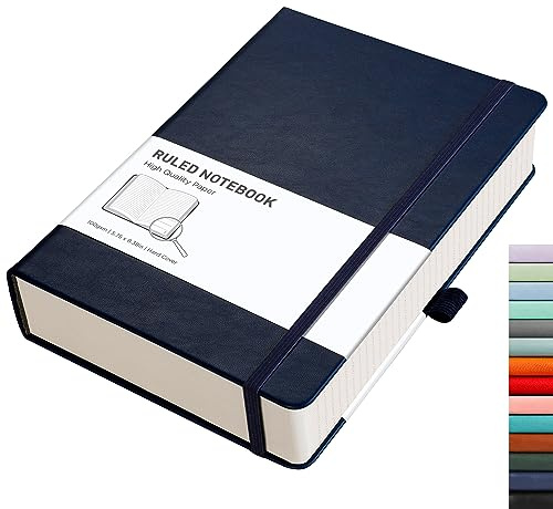 RETTACY Notizbuch A5 liniert - Dickes Tagebuch mit 320 nummerierten Seiten, 1 Rücktasche und Hardcover für Frauen und Männer im Büro oder in der Schule, 14,5 x 21 cm - Blau