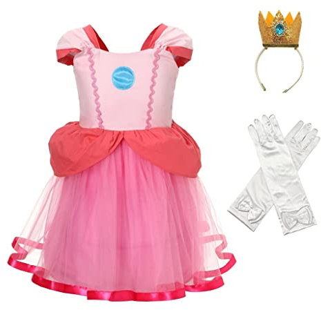 Lito Angels Vestito Costume Principessa Peach con Corona e Guanti per Bambina, Taglia 12-18 Mesi, Rosa Caldo (Etichetta in Tessuto 90)
