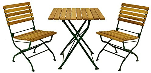 DEGAMO Garten Sitzgruppe Klappgarnitur Passau 3-teilig (2X Stuhl, 1x Tisch eckig 70x70cm), Gestell Flachstahl dunkelgrün, Belattung Robinien Holz, Outdoor