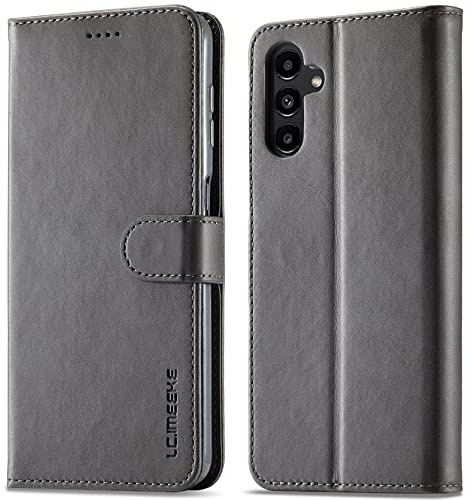 WAURZ Hülle für Samsung Galaxy A14 5G / A14 4G Handyhülle, Grau | Stoßfest Klapphülle Klappbar Leder mit Kartenfach, Komplettschutz Schutzhülle Tasche Flip Case Handytasche Fallschutz Cover
