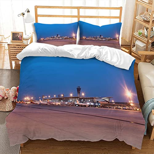 huitutu Bettwäsche 135x200cm 2 teiliges Flughafen Nachtszenenmuster Mikrofaser Bettwäsche Set Blauer eisenfreier knitterfreier Bettbezug und 1 Kissenbezug 80x80cm