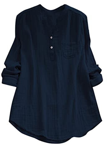 Luadnysin Longshirt Damen Musselin Bluse Longshirt Longbluse Elegant Mit Knopfleiste Tops Sommer Langarm Leinenbluse 3/4 Arm Frühling Bunt Stehkragen Tunika Oberteile lässig für Leggings