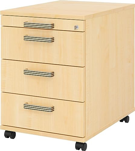 bümö Rollcontainer mit Schubladen, Container abschließbar aus Holz in Ahorn - Rollwagen für's Büro als Schreibtisch Unterschrank, Bürocontainer od. Schreibtischcontainer mit Streifengriffe
