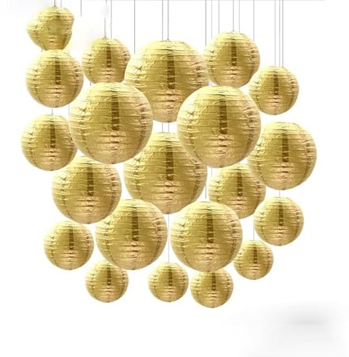 30 Stück verschiedene Größen, runde chinesische Papierlaternen mit Lichtern, hängende Dekorationen, Kugellaternen, Lampen, Heimdekoration, Party, Hochzeit, 30 Stück, Gold, China