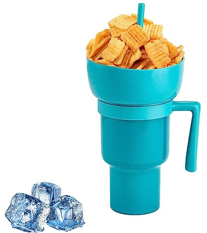Snack Tumbler Bowl, 2 In 1 Snack and Drink Cup with Straw, Reusable Stadium Tumbler for Popcorns and Drinks, Leakproof Snack Tumbler for Adults Kids (Dark blue)