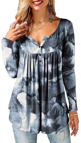 Beluring Ladies Tops Loose Casual V Neck Tshirts Floaty Dressy Long Sleeve T-Shirt Tie Dye Navy Blue Size 16-18