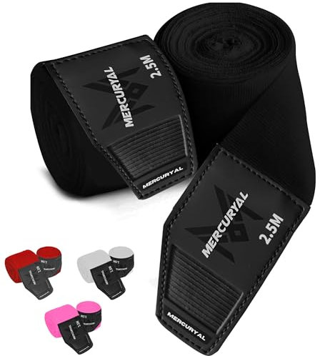 MERCURYAL Fasce Boxe 4 Metri - Bendaggi Boxe - Fascette Boxe - Boxe Sottoguanti Interni Bende - Fasce da Boxe - Bende Boxe per MMA, Muay Thai, Arti Marziali, Kickboxing da Combattimento (Nero, 2.5 m)