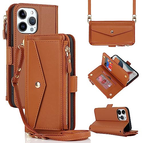 CAVOR Handyhülle kompatibel mit iPhone 13 Pro Hülle Mit Band,Handykette Flip Leder Geldborse Hülle,[9 Kartenfach][Schnalle],Klapphülle Handyhülle Mit Kette - Braun