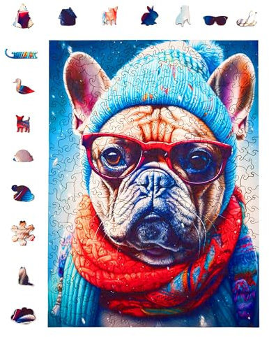 Milliwood Holzpuzzle - Gustav Grumpy Bulldog - 316 Teile - Puzzle Winter ab 10 Jahren - Mandala Puzzle für Erwachsene und Kinder - Jigsaw Puzzle aus Holz 27,5x37 cm - Puzzle Hund mit Holz Geschenkbox