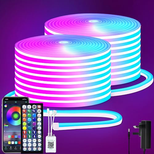 segrass 30M RGB LED neon Rope Lights LED neon Lights with Remote/APP Control 24V IP65 Waterproof Flexible Neon LED Strip Lights for Bedroom Room Outdoors Decor(2 Rolls of 15M)