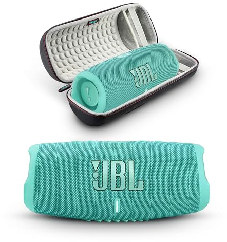 JBL Charge 5 - Altavoz Bluetooth portátil con funda rígida Megen de viaje con IP67 impermeable y salida de carga USB (verde azulado)