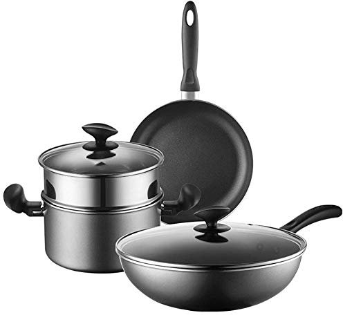 XAoSCd Kochgeschirr-Set 3-Teilig, Kochtopf-Set, Mit Glasdeckel, Alle Herdarten, Induktion, Gas, Keramik, Elektro (1 Kochtopf, 1 Wok, 1 Topf Ohne Deckel). Kochtopf