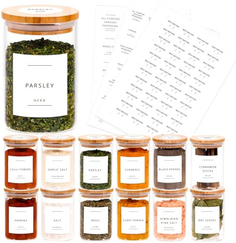 12pcs Bamboo Glass Spice Jars Set - 250ml Airtight Glass Jars With Bamboo Lids - Spice Jars With Lids And Labels Waterproof Labels For Herbs, Spices & Seasoning (250ml/12Pcs)