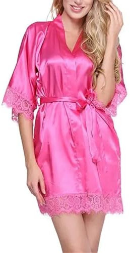 Yeuyyben Vestaglia da sposa corta da donna in raso abito da sposa in pizzo seta kimono accappatoio estivo damigella d'onore indumenti da notte, Fucsia, XL