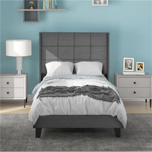 Gepolstertes Doppelbett Mit Kariertem Kopfteil, Lattenrost – Keine Boxspringbetten Erforderlich, Modernes Design Für Schlafzimmer Für Erwachsene Und Jugendliche(Size:90x200cm,Color:Grau)