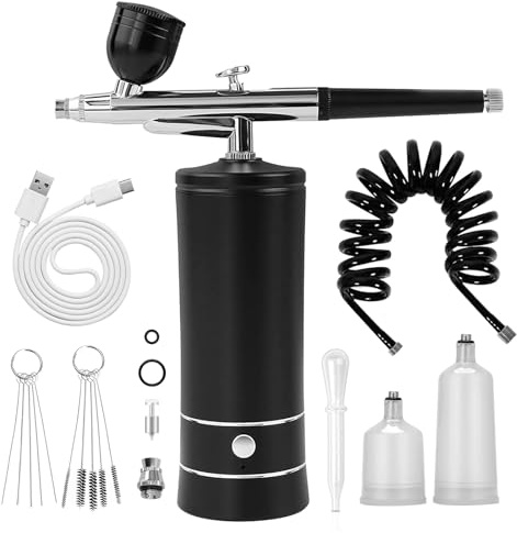 Airbrush Kit Air Brush Kit With Air Compressor Nail Charms Wireless Air Brush for Barber, Nail Art, Makeup, Model Painting(Black - with extension tube)
