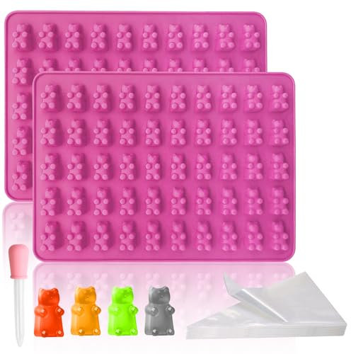 VINEST 2 Stück Gummibärchen Form Silikon Set, Lila Silikonform Gummibärchen, DIY Gummibärchen Selber Machen mit Tropfer und Dreieckstasche, Schokoladenform Silikon für Kekse Gelee Süßigkeiten