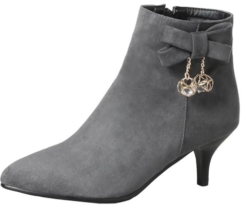 HSyc JRX Stivaletti da donna in velluto con fiocco e tacco alto da 6 cm, tacco piccolo stivali invernali, grigio., 36 EU