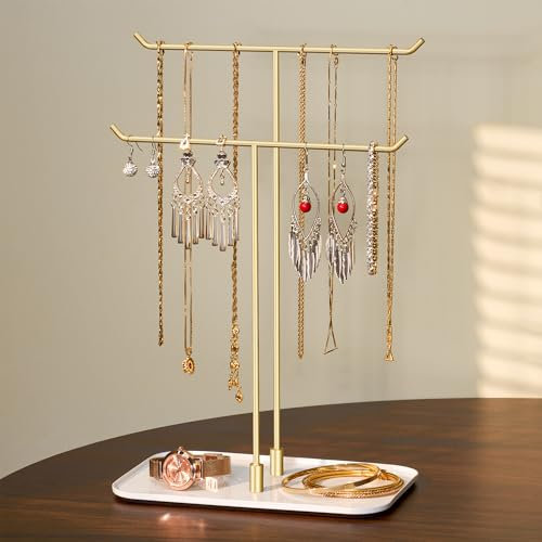 Josmimic Soporte para joyas, bandeja para joyas, almacenamiento de joyas para collares, pulseras, pendientes, anillos, idea de regalo, dorado