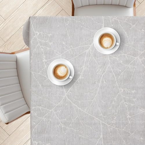 KP HOME Mantel Antimanchas de PVC Gris con Estampado de Ramas Serenas 140x140 cm – Cuadrado, Lavable, Impermeable, Hule Mesa Vinilo Elegante y Resistente para Interior y Exterior, Estilo Natura