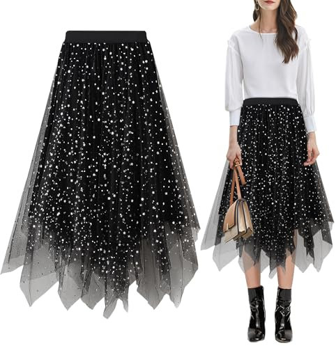 Baogaier Damen Pailletten Tüllrock Röcke Mesh Faltenrock, Elastisch Hohe Taille Midirock A-Linie Schwarz Röck Tüll Unterrock mit Samtfutter, Faschingskostüme Karneval Party