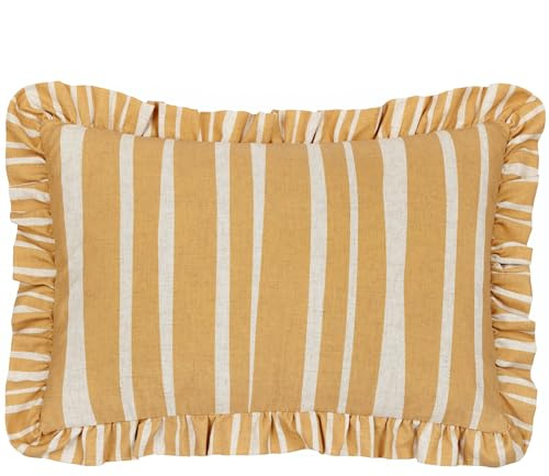 furn. Carmon Stripe Ruffle Feather Rich Cushion - Linen/Ochre - 40x60cm