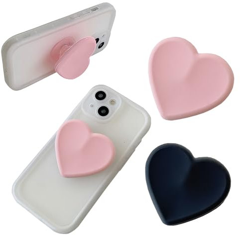 2-Pack Heart-Shaped Silicone Phone Stand & Grip, Foldable Finger Holder for Smartphones & Tablets, Cellphone Accessory - Pink & Black