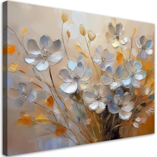 Feeby Wandbild - Wohnzimmer Modern Deko - Gemaltes Silber Blumen - 120x80 cm XXL 1tlg - Bilder Leinwand - Bild auf Leinwand Schlafzimmer - Leinwandbilder für die Wand - Canvas Painting - Fotokunst