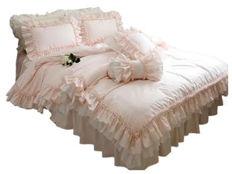 WSQHAO Bettwäsche Mit Rüschen Set Süße einfarbige Bettwäsche-Sets Luxus Prinzessin Hochzeit Spitze Rüschen Baumwolle Bettbezug Tagesdecke Bett Rock Kissenbezüge(Queen Size 4pcs)