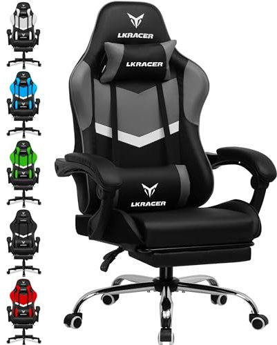 LUCKRACER Gaming Stuhl mit fußstütze Bürostuhl Ergonomisch mit verstellbare Lendenkissen, Kopfkissen Gaming Chair,Höhenverstellbarer Gamer Stuhl, 150 kg Belastbarkeit Grau