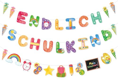 Nezyo 2026 Einschulung Deko 6M Schulkind Girlande zur Einschulung Schulanfang Banner mit Schriftzug zum Aufhängen Regenbogen Zuckertüten Girlande Deko für Schuleinführung Schulstart