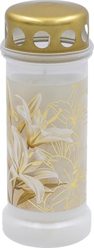 Bolsius Grave Light - White with Motif - Pack of 12 - Lily - Length Burning Time 70 Hours - Funeral Candle & Memorial Candles - Clean Burning - Without Palm Oil