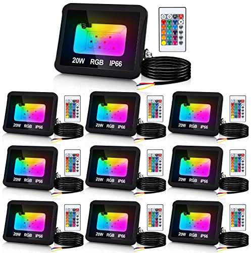 Jaxguom Faretto LED RGB per esterni, 10 pezzi, 20 W, con telecomando, RGB faretto da giardino, 16 colori, 4 modalità, IP66, impermeabile, funzione memoria per feste e esterni