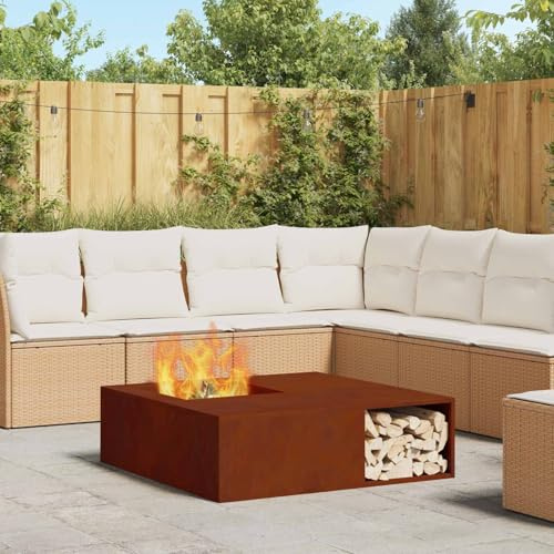 Mokuyary Kaminkamin, braun, 100 x 100 x 30 cm, Stahl, patiniert, Feuerschale, Feuer, multifunktional, für Garten, Heizung, Terrasse, Camping