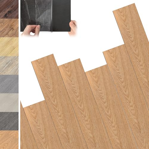 YRHome PVC Bodenbelag 10m² Holzbraun, Selbstklebende Vinyl Fliesen mit Klicksystem, Holz-Effekt Vinylboden für Fußbodenheizung geeignet, Abmessungen 91,44cm x 15,24cm x 2mm, Inhalt 72 Fliesen