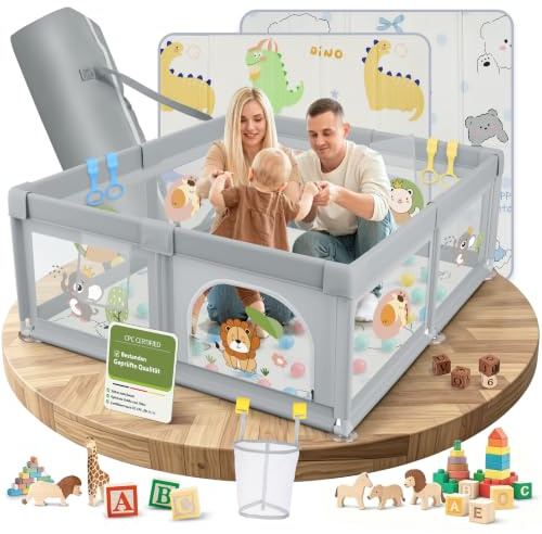 Laufstall Baby mit Matratze, Laufgitter Baby mit 360° Atmungsaktivem Netz und Rutschfestem Bottom, Laufstall für Apartment, Laufgitter für Kinder mit 60 Ozeanbälle (Grauer Löwe, 120 × 120)