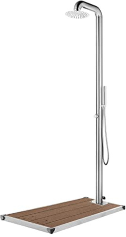 sephironlbb Doccia da giardino in acciaio inox con piastra di base marrone, altezza 230 cm, base in WPC per piscina e vasca idromassaggio, include doccetta e soffione per giardino e terrazza