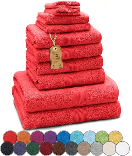 GREEN MARK Textilien 10 TLG. FROTTIER Handtuch-Set mit verschiedenen Größen 4X Handtücher, 2X Duschtücher, 2X Gästetücher, 2X Waschhandschuhe | Farbe: Rot | Premium Qualität