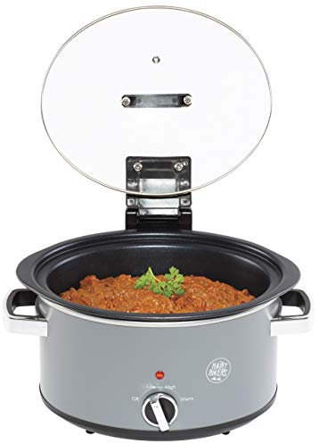 Hairy Bikers SDA1619 Hinged Slow Cooker Stick Coating, Dishwasher Safe Tempered Glass Lid and Removable Cooking Pot, with Non Skid Feet and Temperature Dial-(3.5L), Grey