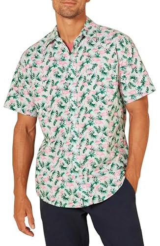 Amazon Essentials Men's Regular-Fit Short-Sleeve Print Shirt, Pastel Green Flamingo, XL