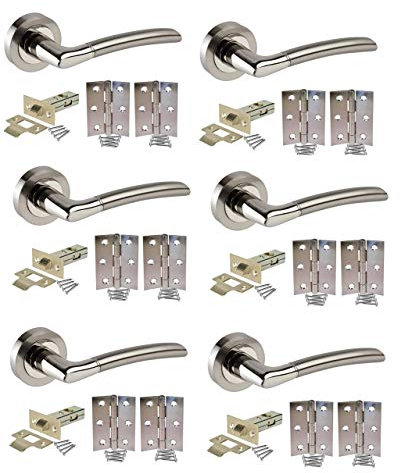 Jiyo.Outdoor Indiana Style Modern Door Handles Lever Latch On Round Rose in Satin Nickel & Polished Chrome Finish - 6 Sets