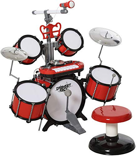 HOMCOM Batería Infantil con Taburete Micrófono Platos Baquetas Teclado y Varios Efectos de DJ Instrumento Musical para Niños +3 Años 77,5x40x76,5 cm Rojo