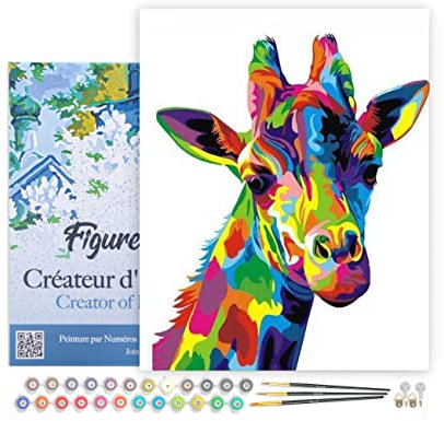 Figured'Art Peinture par Numéro Adulte avec Cadre Girafe Pop Art - Activité Manuelle Kit de Loisir Créatif DIY Numéro d'Art Complet - 40x50cm toile tendue sur châssis