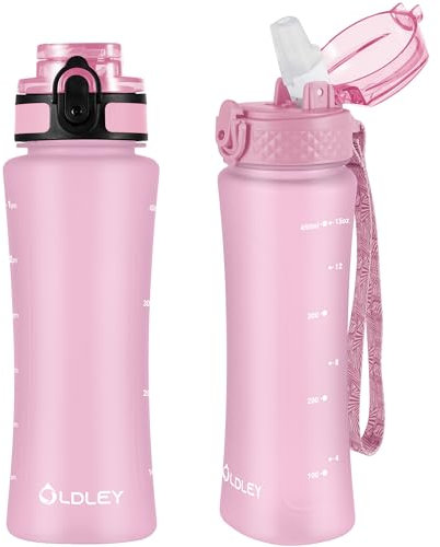 OLDLEY 450ml/15oz Kids Water Bottle with Straw Childrens Boys Girls Toddler 2 Lids Reusable Drink Bottles with Times Markings for School Home Camping Outdoor Sports BPA Free Leakproof Durable
