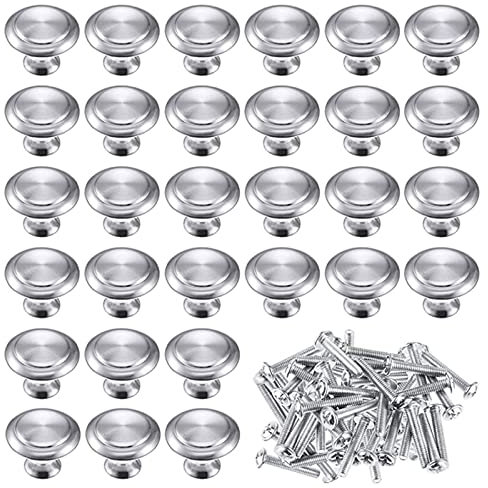 Bouton de Porte Cuisine Inox Bouton Tiroir Inox Brossé Bouton de Meuble Inox Brossé 30 Pièces Bouton de Tiroir Monotrou en Argent avec Vis pour Armoire de Cuisine Tiroir Commode Portes Meubles