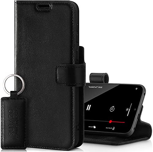 SURAZO Prestige Handyhülle für Apple iPhone 13 Pro – Premium Echtleder Hülle Schutzhülle mit [Standfunktion, Kartenfach, RFID Schutz] – Klappbar Klapphülle Wallet case Handmade in EU (Costa Schwarz)