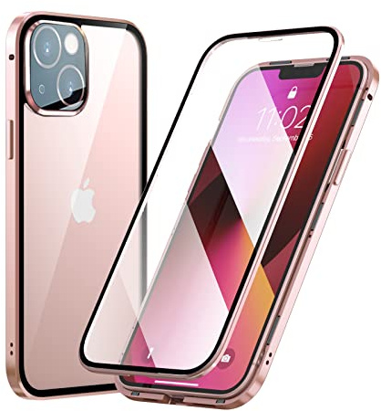 MIMGOAL Hülle für iPhone 13 360 Grad Magnetisch Transparent Pink | Gehärtetes Glas vorne und hinten, Magnetischer Aluminiumrahmen, Integrierter Kameraschutz, 9H-Displayschutz