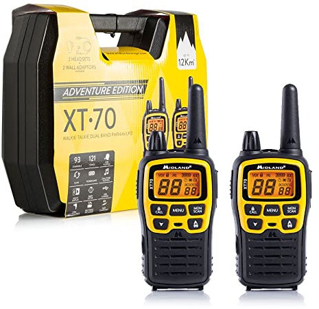 Midland XT70 Adventure, radio Dual Band, walkie talkie a ricarica rapida, 69 LPD e 24 PMR446 senza licenza, raggio 12 km, 1 doppio desktop, certificato UKCA, C1180.40, giallo