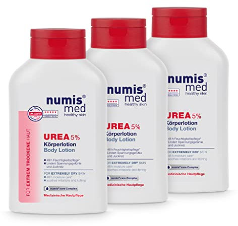 numis med Körperlotion mit 5% Urea - Hautberuhigende Bodylotion für extrem trockene, zu Juckreiz neigende Haut - vegane Hautpflege ohne Silikone, Parabene & Mineralöl - Lotion 3er Pack (3x 300 ml)