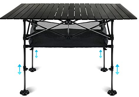 LEADALLWAY Adjustable Height Aluminum Camping Table Folding Portable Outdoor Table with Large Storage Organizer and Carrying Bags Big Foot Upgrade Collapsible Picnic Table 47(L) x22(W)